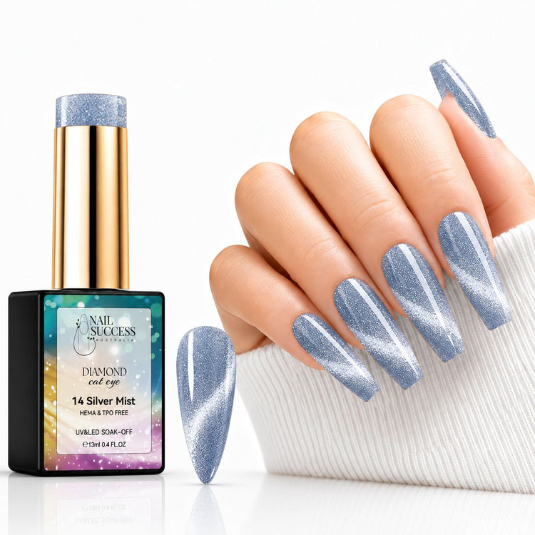 Nail Success Silver Mist 14 cat eye gel polish with matching swatch and silver grey coffin nails featuring bright shimmer bands.
