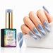 Nail Success Silver Mist 14 cat eye gel polish with matching swatch and silver grey coffin nails featuring bright shimmer bands.
