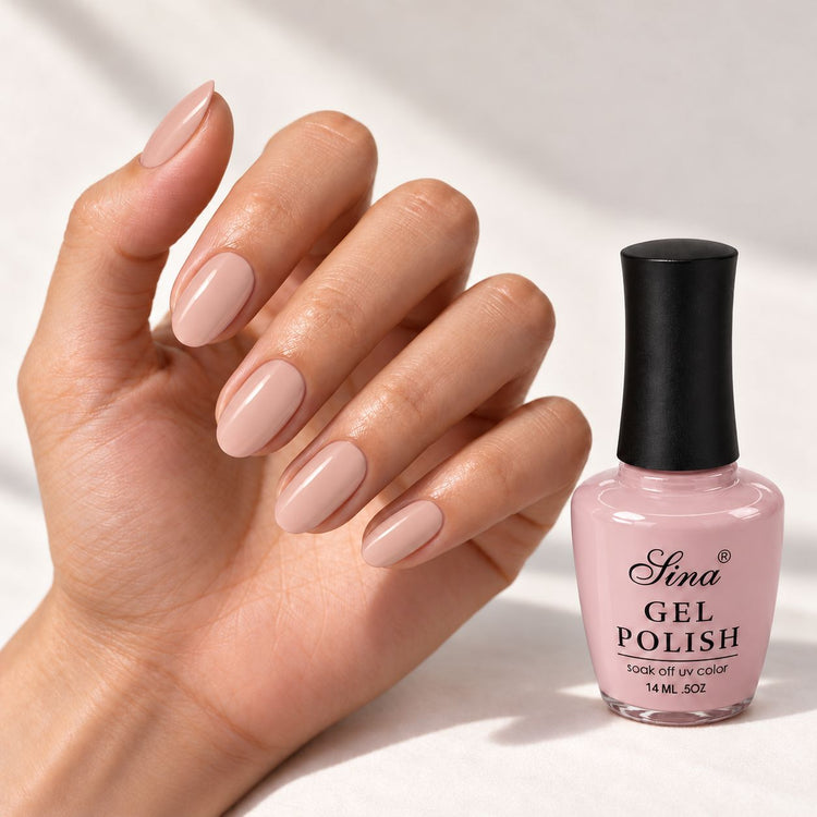 SINA gel polish GP-28, shown on painted nails beside the bottle