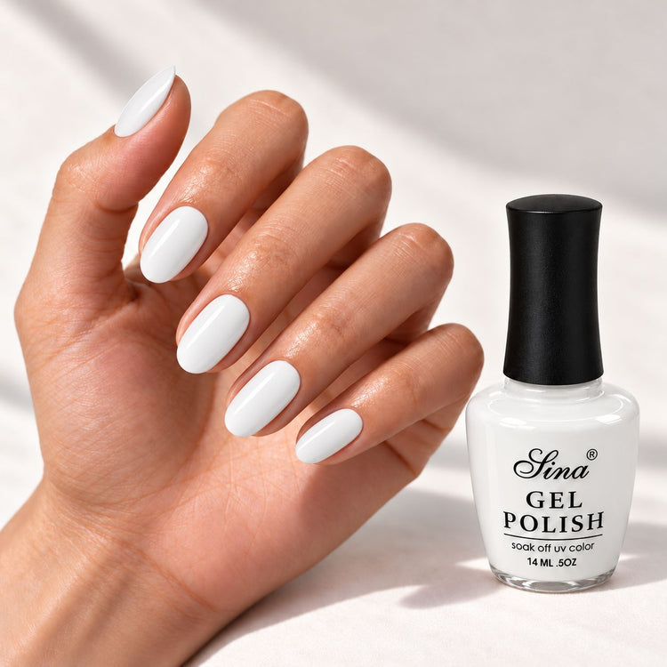 SINA gel polish GP-33 (White), shown on painted nails beside the bottle