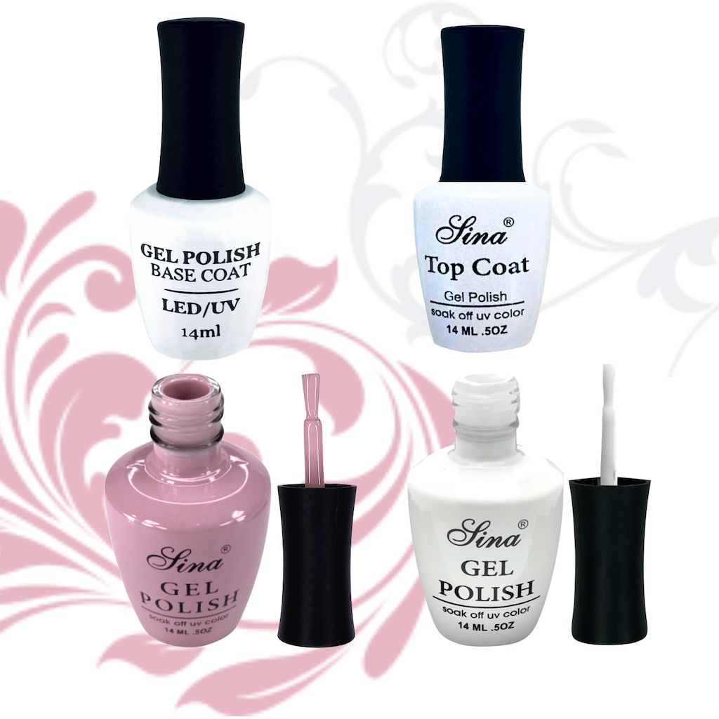 UV base coat and top coat plus pink and white gel polish bottles