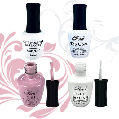 UV base coat and top coat plus pink and white gel polish bottles
