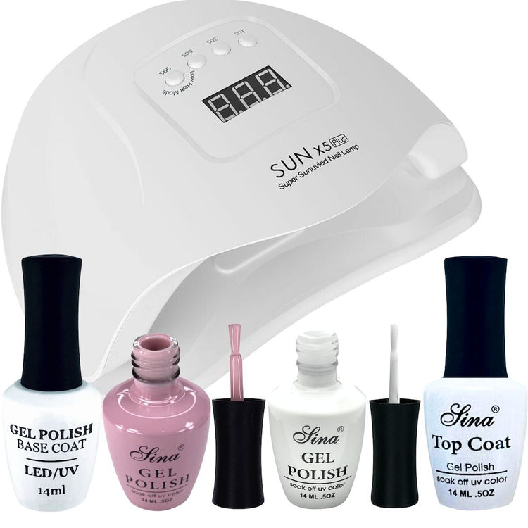 UV nail lamp with Sina gel polish French kit including base coat, top coat, pink and white gel