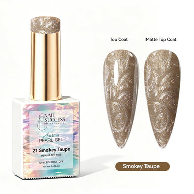 Nail Success Australia Aurora Pearl Gel in Smokey Taupe, shown with taupe brown pearl shimmer swatch and glossy soak-off gel polish finish