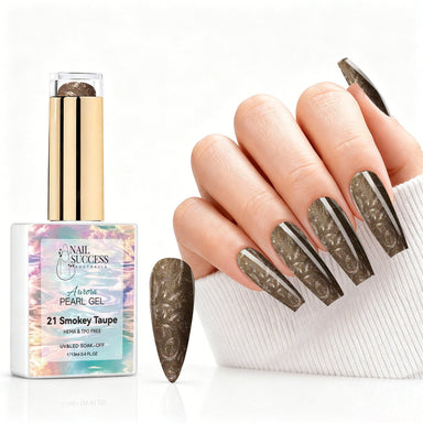 Smokey Taupe aurora pearl gel polish with taupe brown pearl shimmer swatch and matching manicure for HEMA and TPO free salon nails