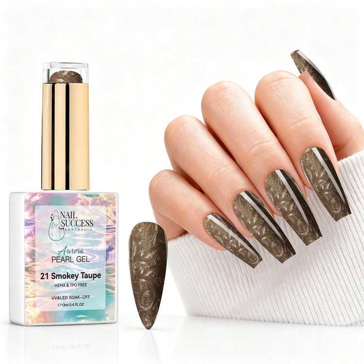 Smokey Taupe aurora pearl gel polish with taupe brown pearl shimmer swatch and matching manicure for HEMA and TPO free salon nails