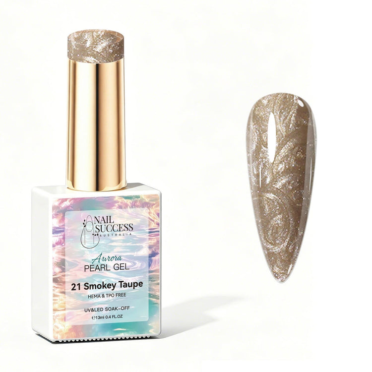 Nail Success Australia Aurora Pearl Gel in Smokey Taupe, shown with taupe brown pearl shimmer swatch and glossy soak-off gel polish finish