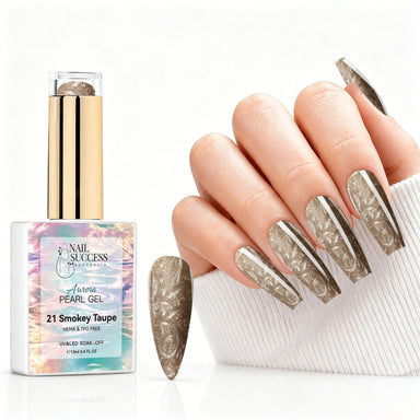 Smokey Taupe aurora pearl gel polish with taupe brown pearl shimmer swatch and matching manicure for HEMA and TPO free salon nails