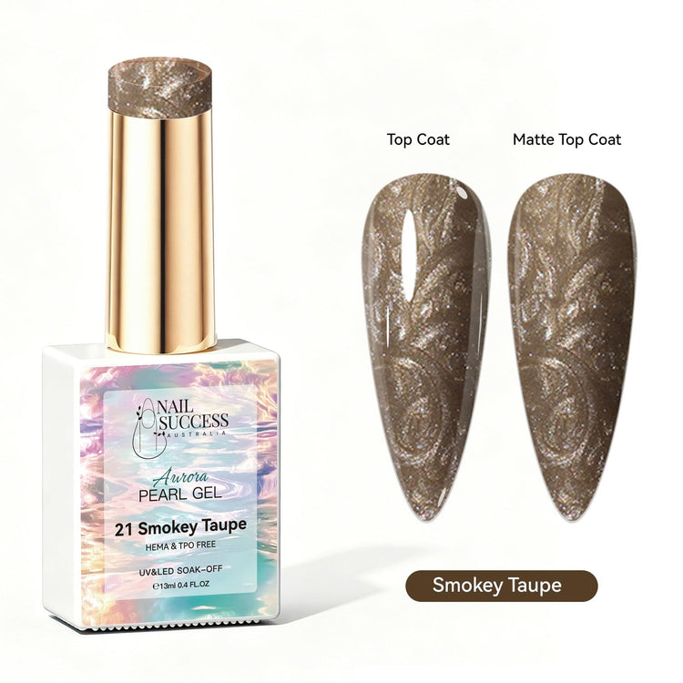 Nail Success Australia Aurora Pearl Gel in Smokey Taupe, shown with glossy and matte taupe brown pearl shimmer swatches for soak-off gel polish manicures