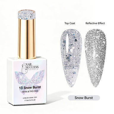 Nail Success Australia Snow Burst reflective glitter gel polish with top coat and reflective effect swatches