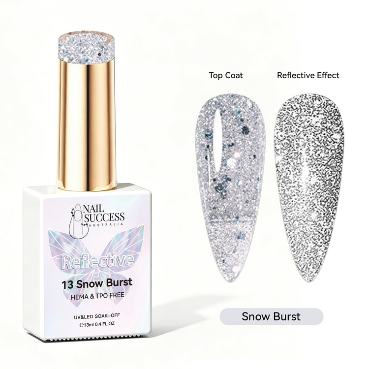 Nail Success Australia Snow Burst reflective glitter gel polish with top coat and reflective effect swatches