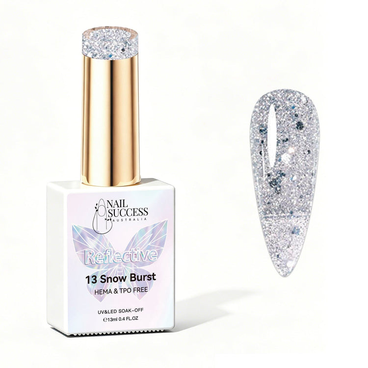 Nail Success Australia Snow Burst reflective glitter gel polish bottle with glossy silver nail colour swatch