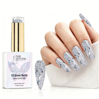 Snow Burst reflective gel polish with silver glitter swatch and matching manicure for HEMA and TPO free salon nails