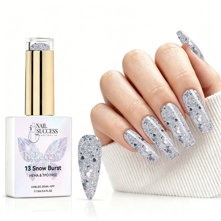 Snow Burst reflective gel polish with silver glitter swatch and matching manicure for HEMA and TPO free salon nails