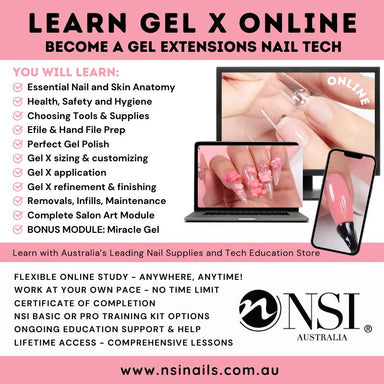 NSI Australia Learn Gel X Online course — gel extensions nail tech training with e-file prep, sizing, application, and salon art; flexible, certificate included