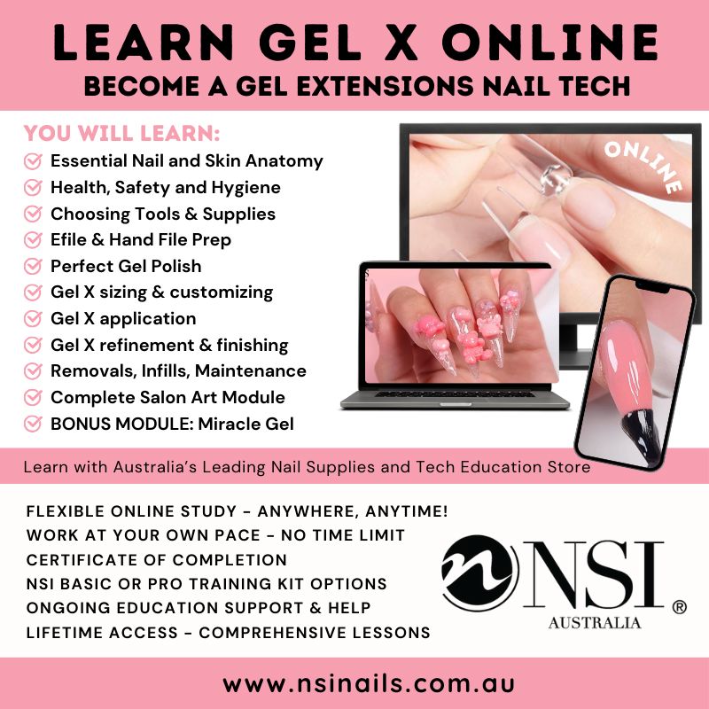 NSI Australia Learn Gel X Online course — gel extensions nail tech training with e-file prep, sizing, application, and salon art; flexible, certificate included