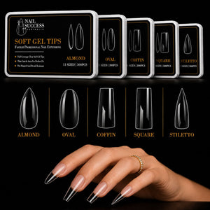 Clear full-cover soft gel nail tips in almond, oval, coffin, square and stiletto shapes – Nail Success Australia