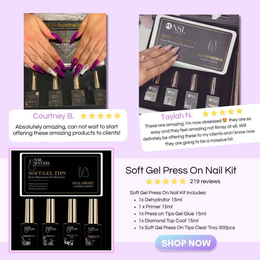 Nail Success Soft Gel Press On Nail Kit — collage with kit box, four bottles and customer reviews