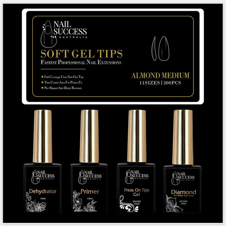Soft Gel Press On Nail KitAlmond Medium Clear 300 Tips (11 Sizes 0 - 10)