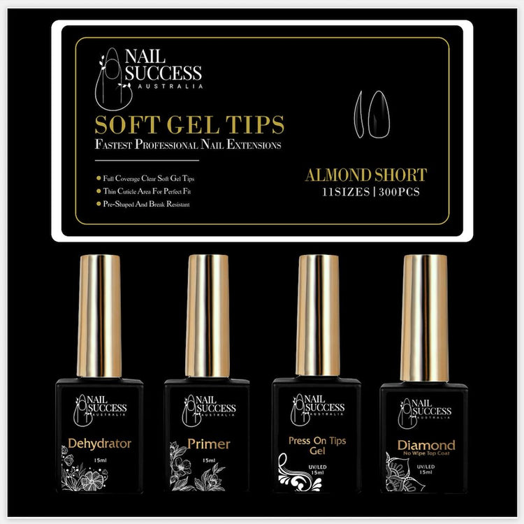 Soft Gel Press On Nail KitAlmond Short Clear 300 Tips (11 Sizes 0 - 10)