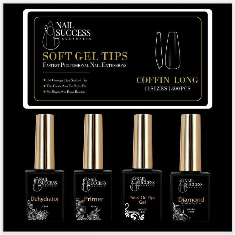 Soft Gel Press On Nail KitCoffin Long Clear 300 Tips (11 Sizes 0 - 10)