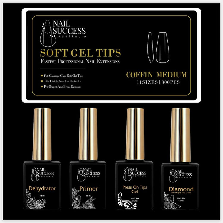 Soft Gel Press On Nail KitCoffin Medium Clear 300 Tips (11 Sizes 0 - 10)
