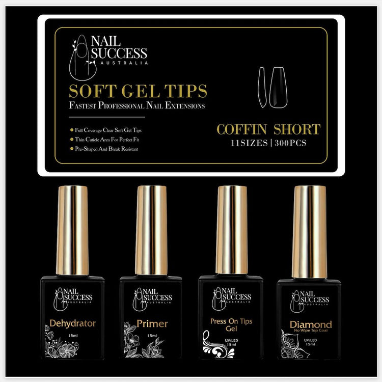 Soft Gel Press On Nail KitCoffin Short Clear 300 Tips (10 Sizes 0 - 9)
