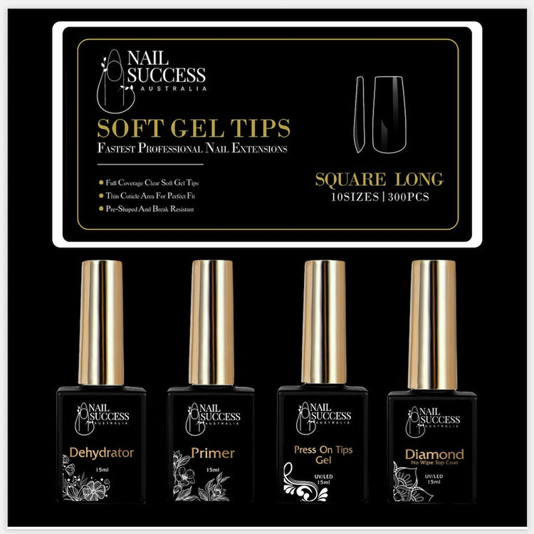 Soft Gel Press On Nail KitSquare Long Clear 300 Tips (10 Sizes 0 - 9)