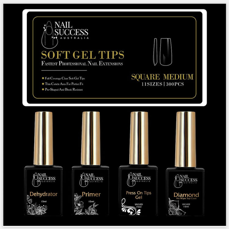 Soft Gel Press On Nail KitSquare Medium Clear 300 Tips (11 Sizes 0 - 10)