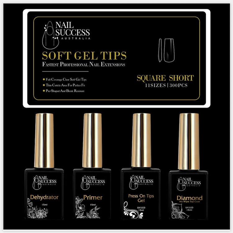 Soft Gel Press On Nail KitSquare Short Clear 300 Tips (11 Sizes 0 - 10)