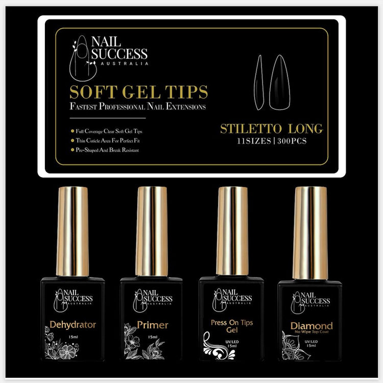 Soft Gel Press On Nail KitStiletto Long Clear 300 Tips (11 Sizes 0 - 10)