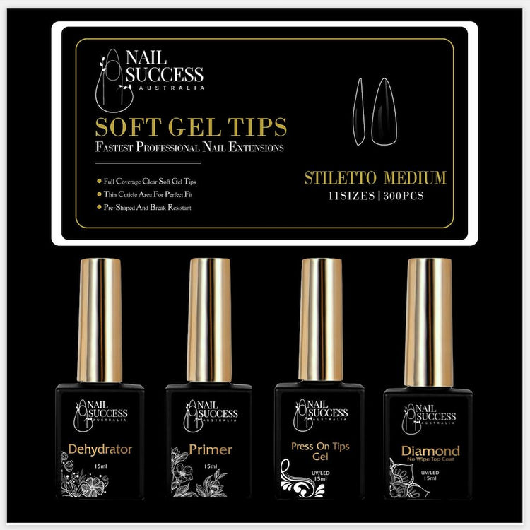 Soft Gel Press On Nail KitStiletto Medium Clear 300 Tips (10 Sizes 0 - 9)