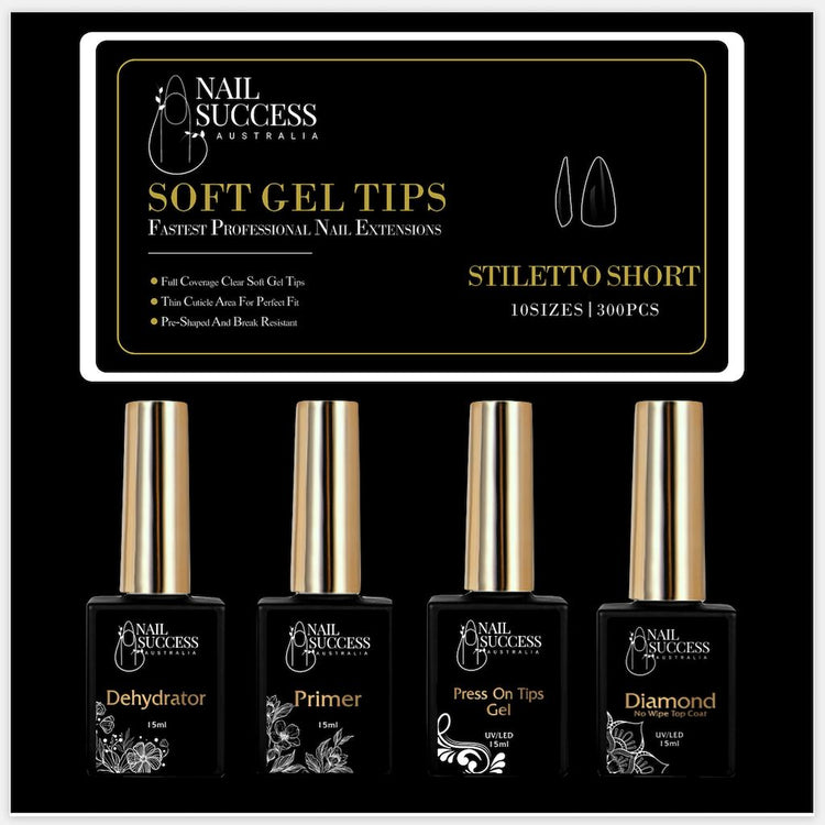 Soft Gel Press On Nail KitStiletto Short Clear 300 Tips (10 Sizes 0 - 9)