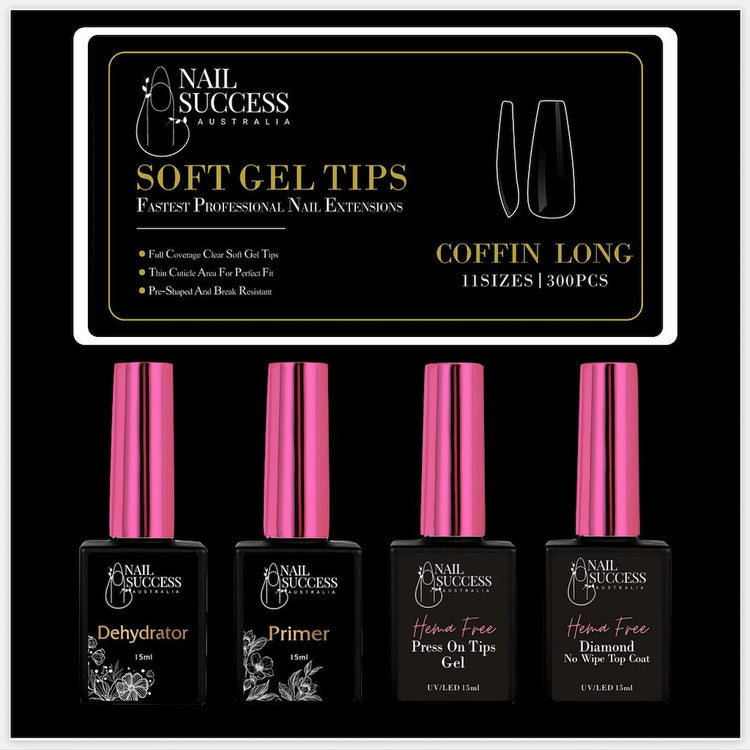 Soft Gel Press On Nail Kit - HEMA FreeLongCoffin Clear 300 Tips (11 Sizes 0 - 10)
