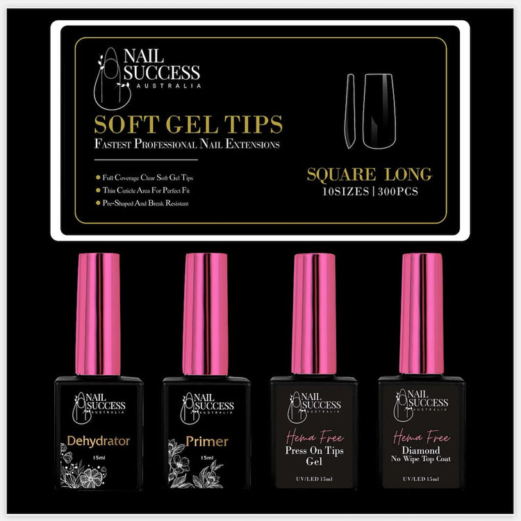 Soft Gel Press On Nail Kit - HEMA FreeLongSquare Clear 300 Tips (11 Sizes 0 - 10)