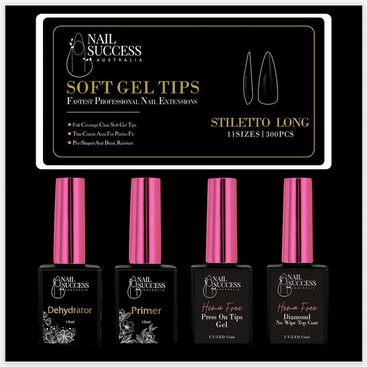 Soft Gel Press On Nail Kit - HEMA FreeLongStiletto Clear 300 Tips (10 Sizes 0 - 9)
