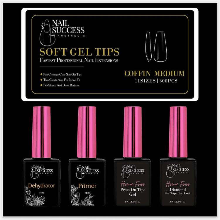 Soft Gel Press On Nail Kit - HEMA FreeMediumCoffin Clear 300 Tips (11 Sizes 0 - 10)