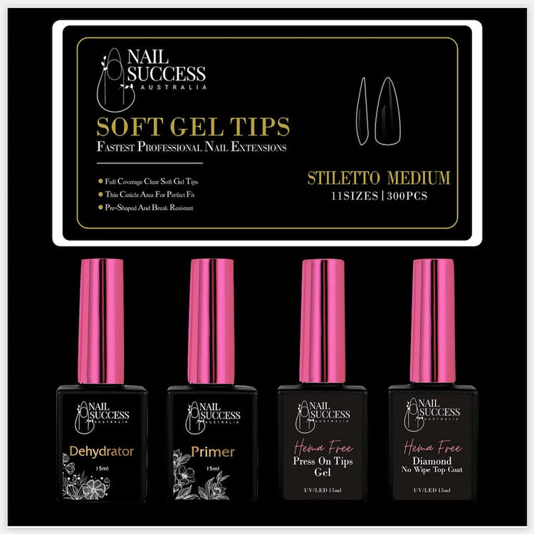 Soft Gel Press On Nail Kit - HEMA FreeMediumStiletto Clear 300 Tips (10 Sizes 0 - 9)