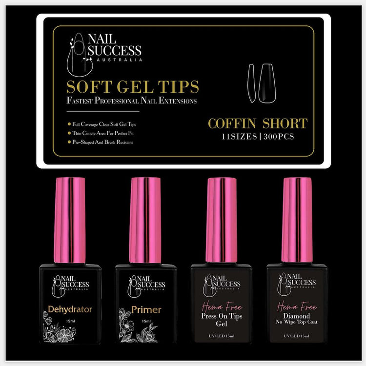 Soft Gel Press On Nail Kit - HEMA FreeShortCoffin Clear 300 Tips (11 Sizes 0 - 10)