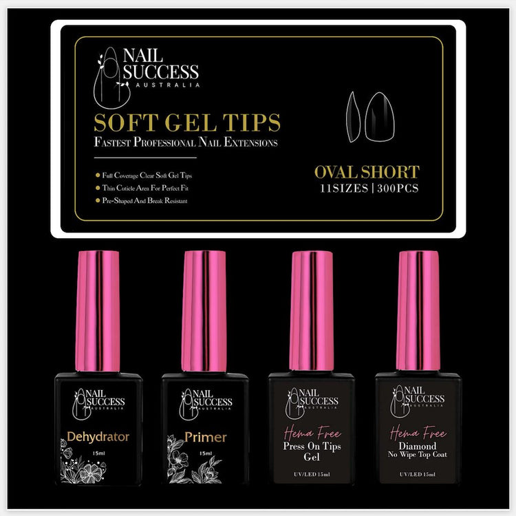 Soft Gel Press On Nail Kit - HEMA FreeShortOval Clear 300 Tips (11 Sizes 0 - 10)