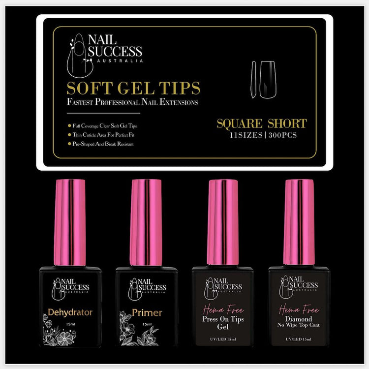 Soft Gel Press On Nail Kit - HEMA FreeShortSquare Clear 300 Tips (11 Sizes 0 - 10)