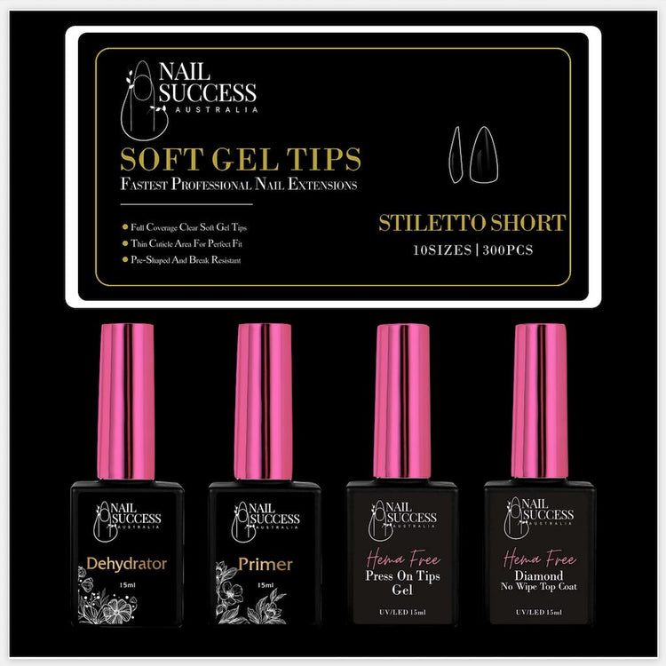 Soft Gel Press On Nail Kit - HEMA FreeShortStiletto Clear 300 Tips (10 Sizes 0 - 9)