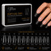 Soft gel press on coffin long clear nail tips with 300 piece box, 11 size guide and manicure application for professional nail extensions