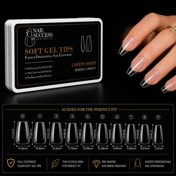 Soft gel press on coffin short clear nail tips with 300 piece box, 10 size guide and manicure application for professional nail extensions
