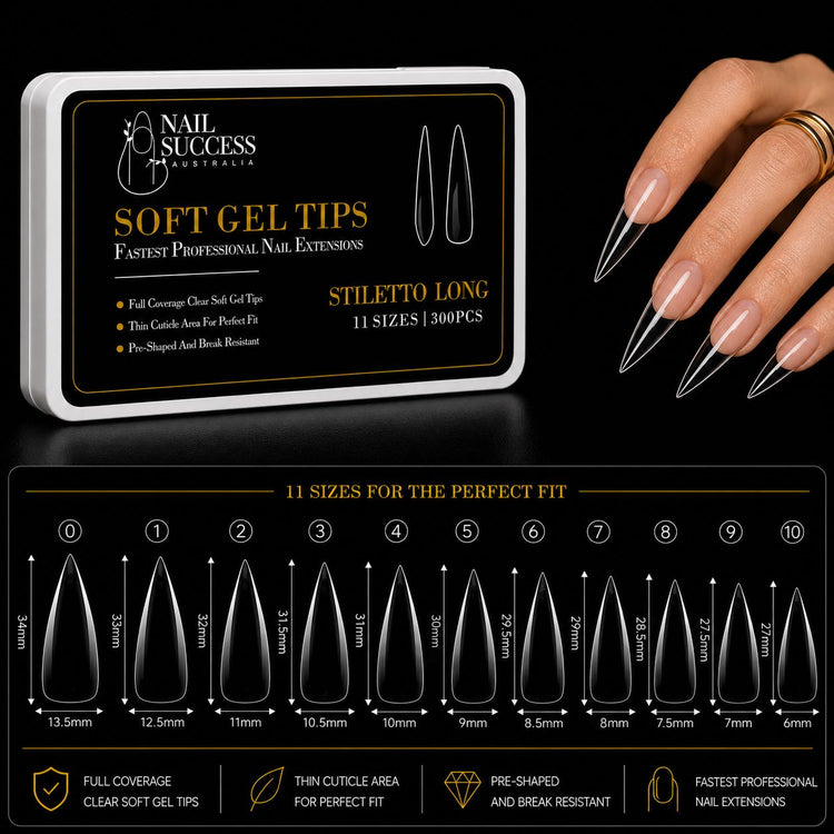 Soft gel press on stiletto long clear nail tips with 300 piece box, 11 size guide and manicure application for professional nail extensions
