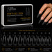 Soft gel press on stiletto long clear nail tips with 300 piece box, 11 size guide and manicure application for professional nail extensions