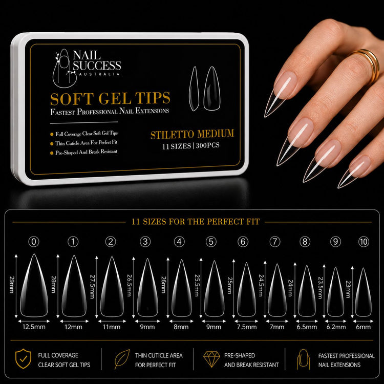 Soft gel press on stiletto medium clear nail tips with 300 piece box, 11 size guide and manicure application for professional nail extensions