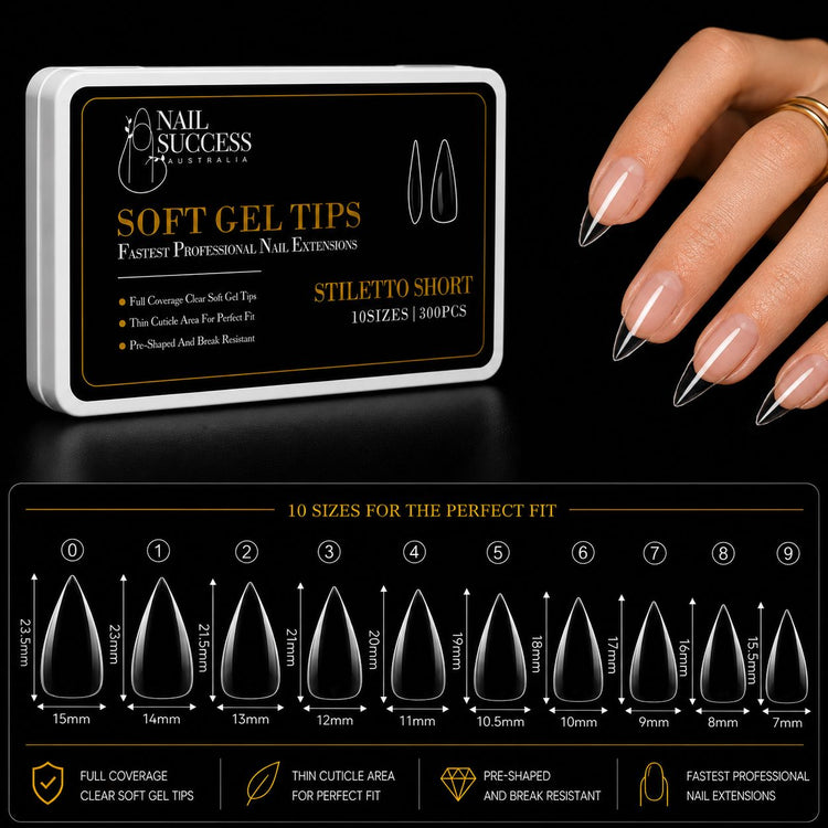 Soft gel press on stiletto short clear nail tips with 300 piece box, 10 size guide and manicure application for professional nail extensions