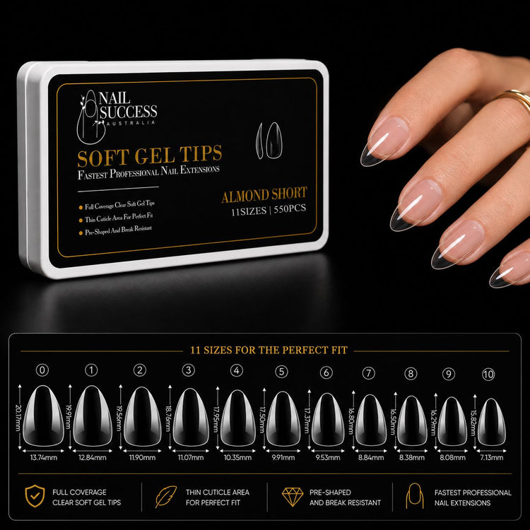 Soft gel press on almond short clear nail tips with 550 piece box, 11 size guide and manicure application for professional nail extensions