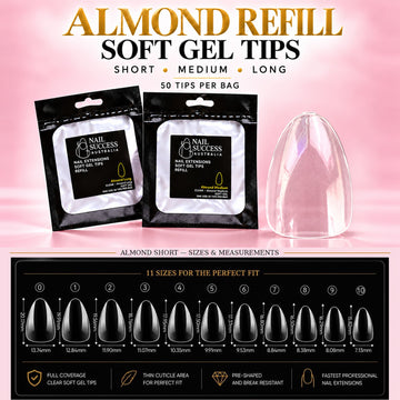 Nail Success Australia Almond refill soft gel tips in Short, Medium and Long, 50 tips per bag, with the Almond Short size chart for all 11 sizes